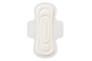 Top view of a clean white feminine hygiene sanitary pad with protective wings on a neutral background.