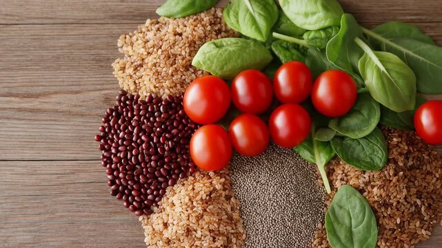 Top-down flat lay of colorful whole food ingredients with grains, legumes, seeds, cherry tomatoes, and fresh spinach on rustic wooden table