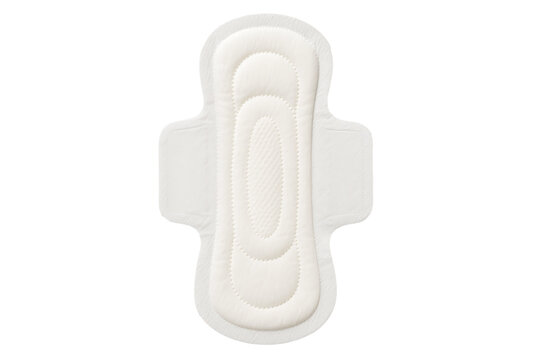Top view of a clean white feminine hygiene sanitary pad with protective wings on a neutral background.