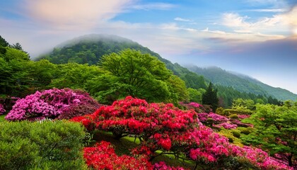 green and flowering trees with pink and red blossoms rhododendron