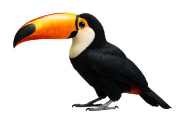 Tropical toucan bird with colorful beak perched on a branch isolated on white.