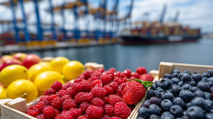 Assorted fruits arranged in shipping crates at a harbor, vibrant colors and natural textures emphasized in close-up, container ship and cranes in the background, global maritime lo
