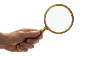 A hand holding a magnifying glass isolated on transparent background