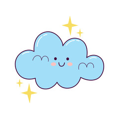 Cute smiling cloud illustration with sparkle stars in hand drawn style