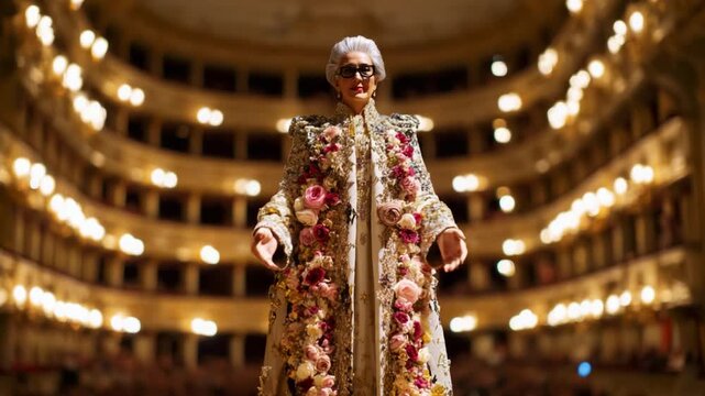 A stunning performer adorned in elaborate floral attire captivates the audience in a beautifully lit opera house, radiating elegance and grace through an enchanting stage presence.