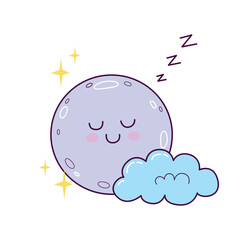 Cute sleeping moon with cloud illustration in hand drawn style