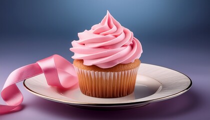 delicious cupcake topped with swirled pink frosting and a delicate ribbon resting on a white plate against a plain background