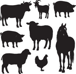 A collection of black silhouette farm animals including a cow, goat, pig, sheep, horse, and chicken on a white background also transparent background