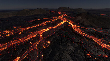 Lava flow illuminating the dark landscape at night © Alexander