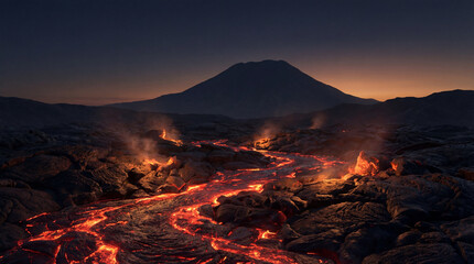 Molten lava flowing across volcanic landscape at dusk