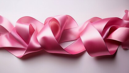 a curling pink ribbon on a white background the fabric has a light shine and is laying in a wavy pattern along the frame