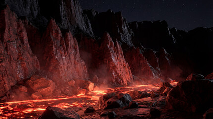 Obraz premium Lava flowing through rocky terrain at night
