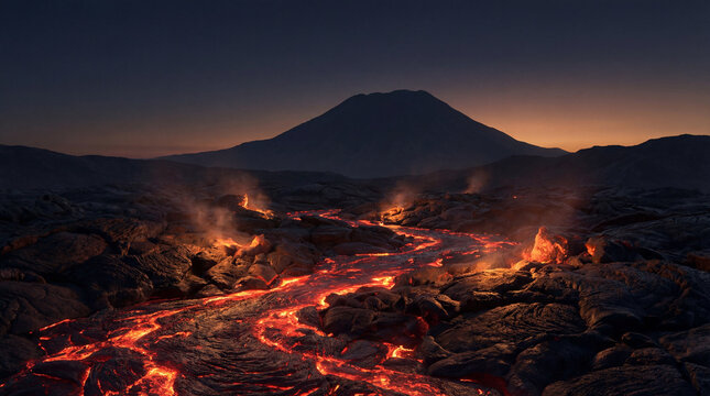 Molten lava flowing across volcanic landscape at dusk