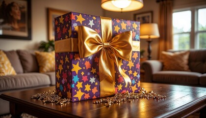 Colorful gift box with golden ribbon on table in cozy living room  