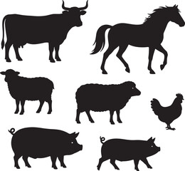Diverse farm animal silhouettes featuring cow horse sheep pig and chicken in a black and white composition also transparent background