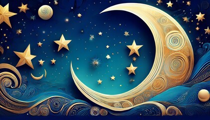 a blue background with stars and a crescent moon the stars are scattered throughout the image with some closer to the foreground and others further away