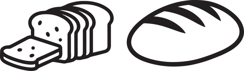 Sliced bread with one slice separated and a whole round loaf of bread in a minimalist black and white style also transparent background