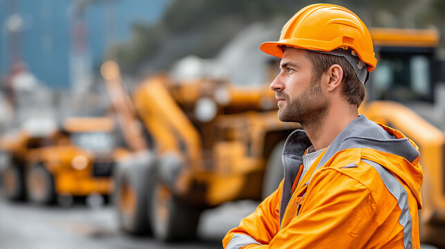 Faceless industrial worker in orange safety gear standing near heavy machinery in mining operation, professional protective clothing, defocused equipment background, with copy spac