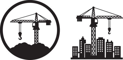Two construction cranes and city buildings silhouettes, one within a circle and the other against a skyline, symbolizing urban development and industry also transparent background