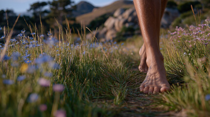 Barefoot walk across a lush open meadow, horizon visible in the distance, sunlight reflecting off grass, slow, mindful movement emphasizing calm and natural beauty