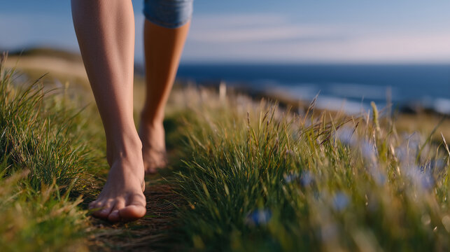 Barefoot walk across a lush open meadow, horizon visible in the distance, sunlight reflecting off grass, slow, mindful movement emphasizing calm and natural beauty