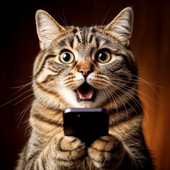Cat holding smartphone with surprised expression and warm background  
