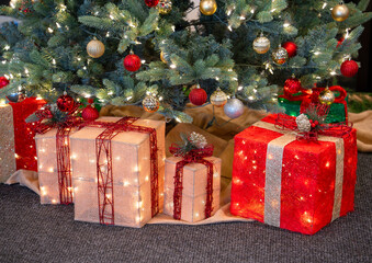 close up on gift box decoration under Christmas tree