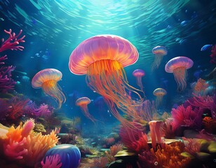dreamy underwater scene featuring jellyfish and vibrant coral reefs