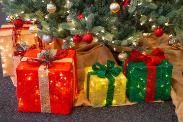 close up on gift box decoration under Christmas tree