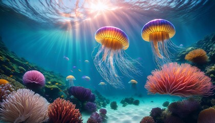 colorful jellyfish swimming gracefully in an underwater scene with vibrant coral reefs and soft light filtering from above