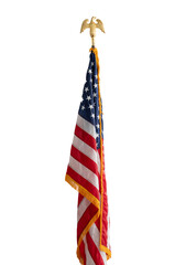 close up on USA flag on flagpole isolated on white background