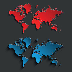 A world map cut from blue and red paper. A set of political maps of the world on a gray