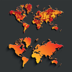 A world map cut out of orange paper. A set of political maps of the world on a gray