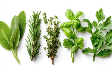 Assorted Culinary Herbs and Spices: Rosemary, Basil, and Oregano on a White Background