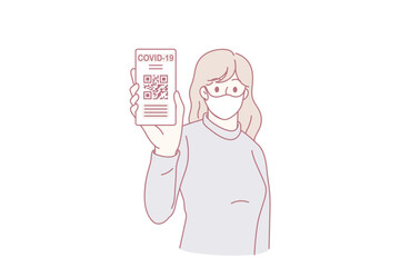 Young woman in facemask hold smartphone show immunity passport on screen. Female client in facial mask demonstrate covid-19 vaccination certificate on cellphone. Corona virus. Vector illustration.