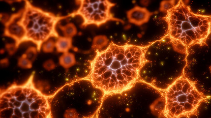 Intricate orange-glowing cells clustered together, fine structural details, dynamic lighting emphasizing texture and depth, modern scientific visualization of microscopic life