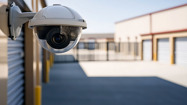 Security surveillance concept: a dome security camera is attached to a wall, positioned to oversee the access road and gates of self-storage units. Protecting property.