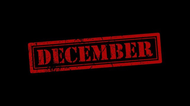 Grunge December rubber stamp animation in red color isolated on transparent background with alpha channel. Vintage distressed calendar month label for holiday projects, winter promotions