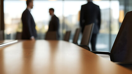 Office boardroom scene with a conference table in focus and blurred figures in suits discussing business strategy in the background. A modern workspace.