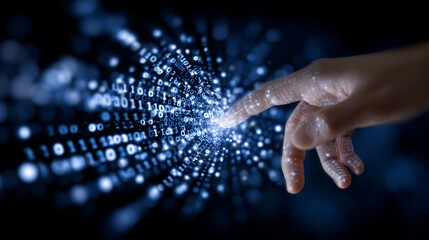 A human hand connecting with a glowing network of binary code, light pulses radiating from fingertips, abstract digital environment symbolizing interaction and control over data