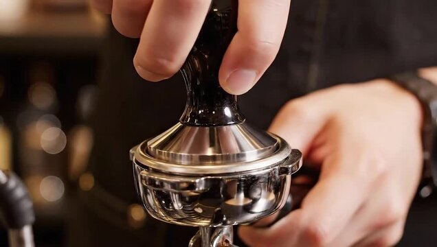 barista tamping coffee portafilter close-up slow motion