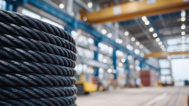 Macro view of tightly coiled black cables, repetitive circular patterns emphasized, metallic connectors visible in background, industrial workshop environment subtly blurred - Powered by Adobe