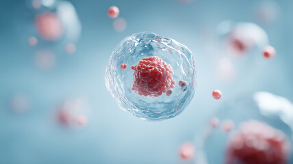 A biological cell with clustered components depicted as an organized microstructure symbolizing cellular function, growth and complex life formation.
