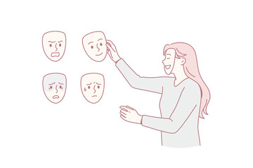 Choosing mood and bipolar disorder concept. Young woman with happy face mask standing and choosing expression between anger rage unhappiness and satisfaction vector illustration
