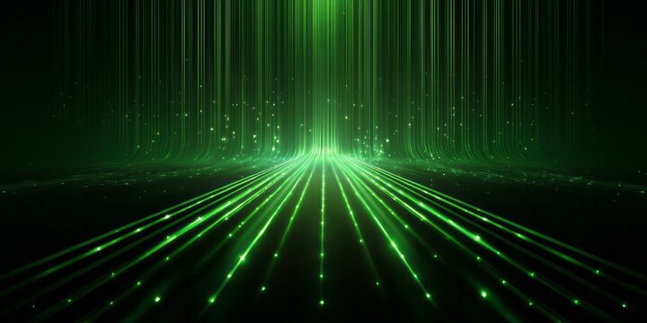 Intense beams of bright green light flow across a dark digital landscape - Powered by Adobe