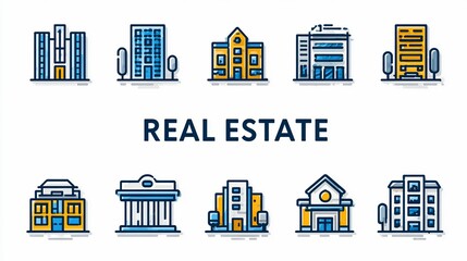 Real Estate graphic featuring ten different building icons