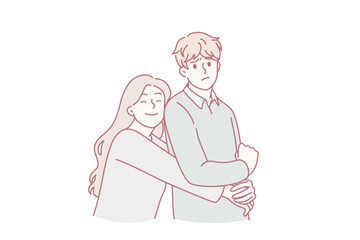 Unequal relations and feelings concept. Young couple standing she is loving embracing depressed and frustrated man vector illustration