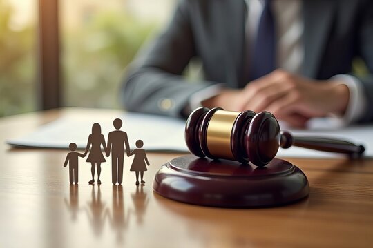 The Symbolism of Divorce and Family Law: A Gavel and Silhouette of a Family on a Table