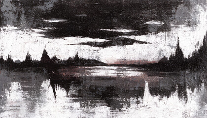 wall art tv canvas A misty black and white photo of a cold winter morning showing the reflection of trees and clouds in the lake water with a beautiful nature landscape