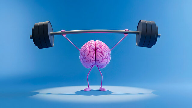 Mental Strength and Brain Training Concept. 3D Cartoon Brain Lifting Heavy Barbell on Blue Background.

